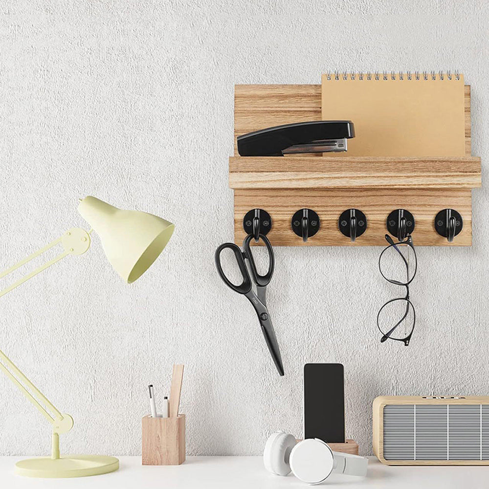 Rustic Wall-Mounted Entryway Organizer - Wooden Mail & Key Holder with Hooks