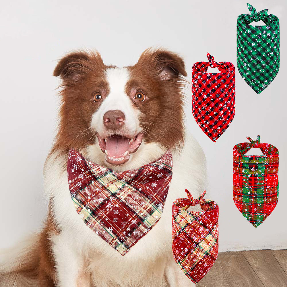 Snowflakes Christmas Dog Bandana Buffalo Plaid Pet Scarf Dog Triangle Bandana