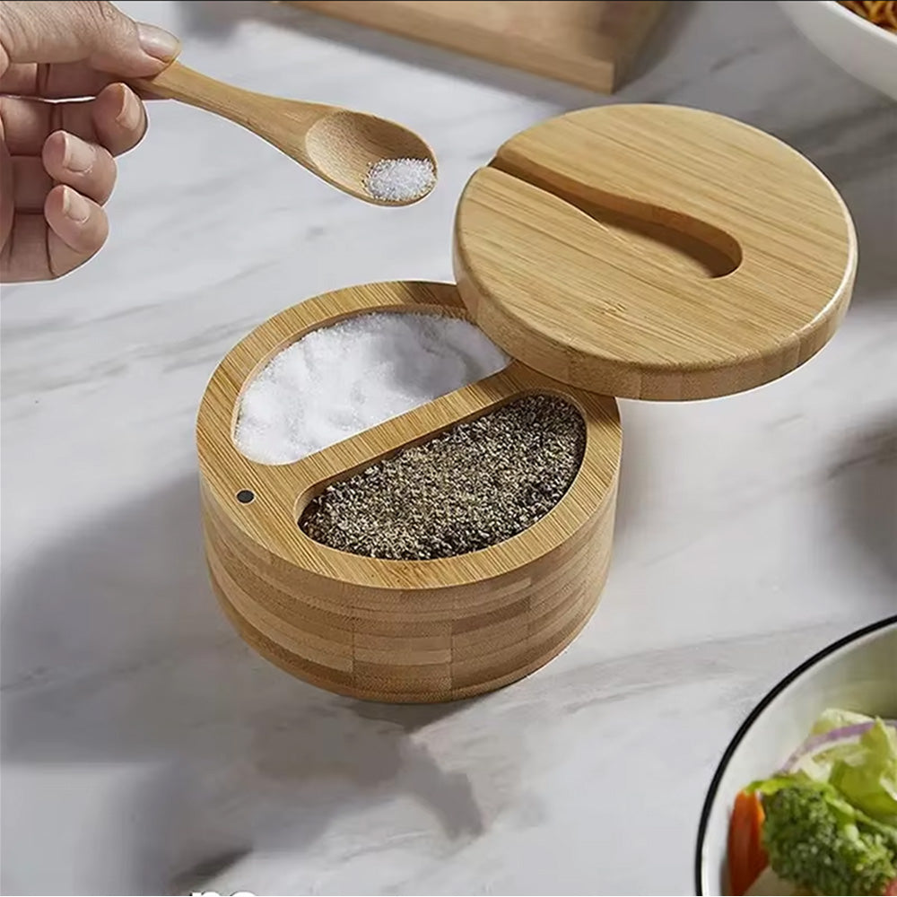 Kitchen Bamboo Salt Cellar with Swivel Lid  for Salt Pepper Sugar Herbs Spice with Spoon