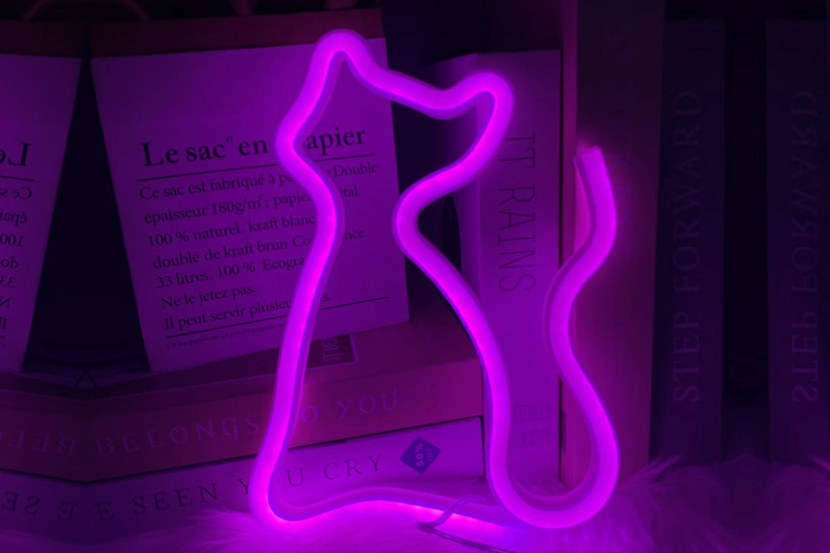 LED Cat Rainbow Neon Sign Lights Bedside Night Light Lamp Bedroom Wall Decoration