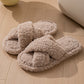 Women Fuzzy Cross Band Slippers Plush Indoor House Shoes Non Slip-Coffee