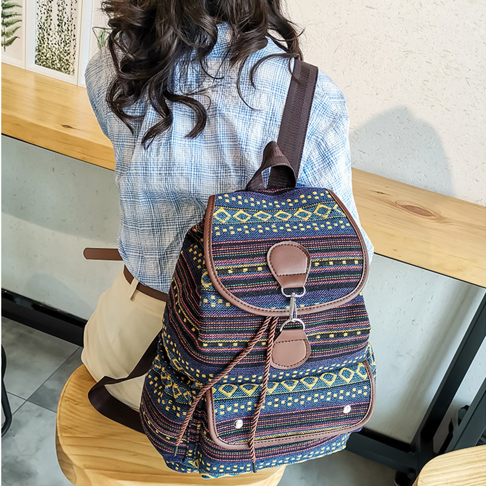 Boho Style Flap Drawstring Backpack