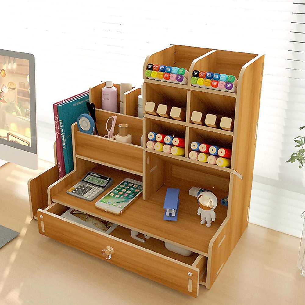 Wooden Desk Organizer with Drawers Art Supplies Storage Desktop Stationary