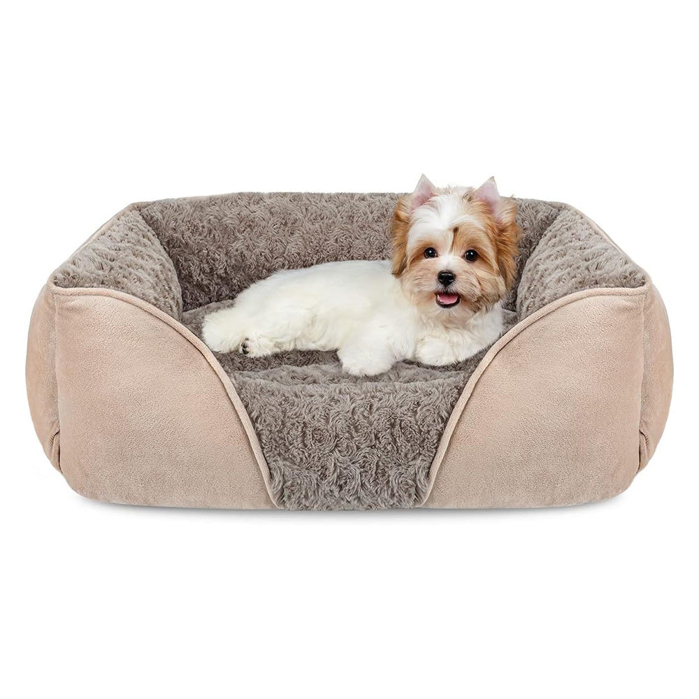 Soft Plush Pet Bed with Raised Sides Calming Nest-Camel