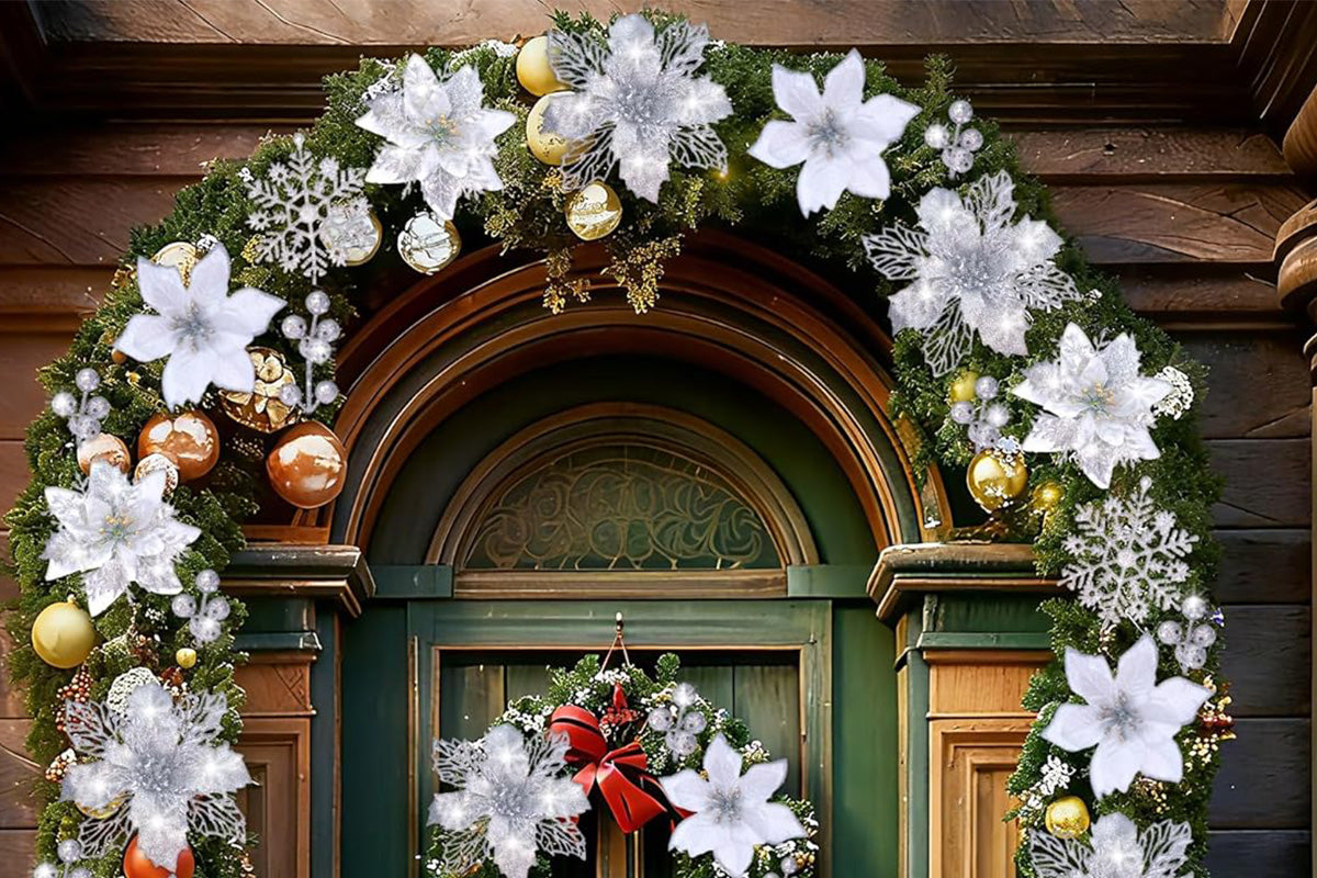24Pcs Artificial Flowers Christmas Tree Decorations for Wreath Fireplace Stairs
