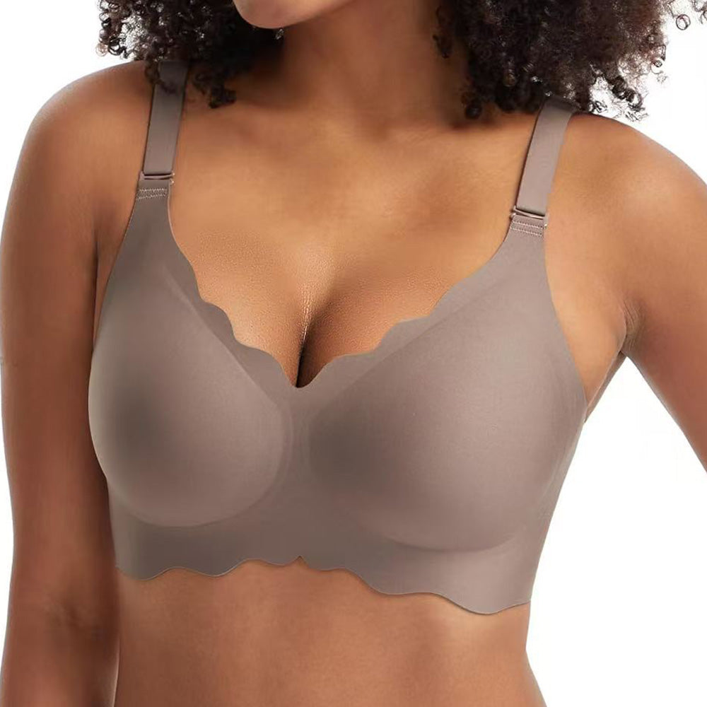 Wireless Bra Soft High Elastic V Neck Wavy Trim-Grey