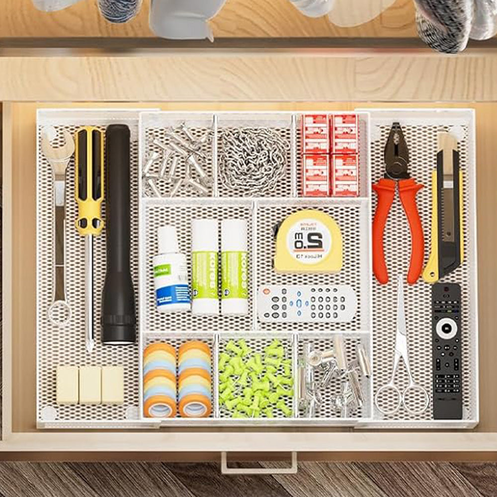 Expandable Desktop Drawer Organizer Basket with Adjustable Dividers for Home Office