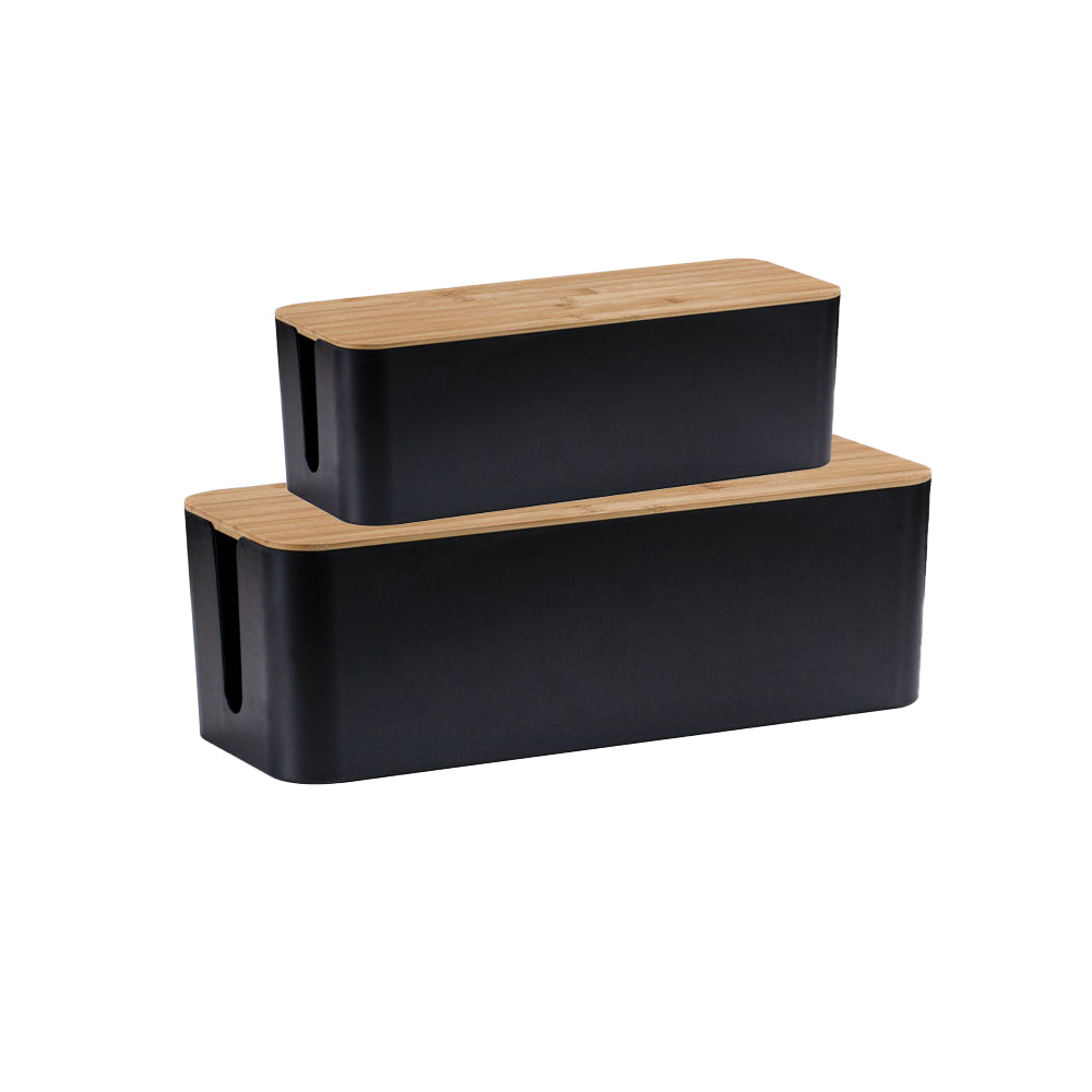 2Pcs Bamboo Lid Cable Management Storage Box for Home and Office-Black, M, L