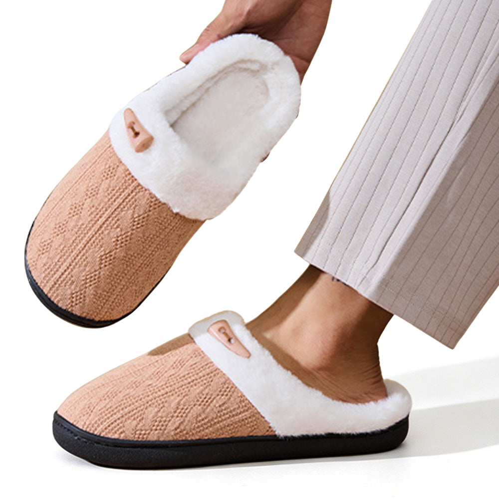 Indoor Non Slip Fuzzy Slippers for Women Warm Knitted House Shoes-Khaki