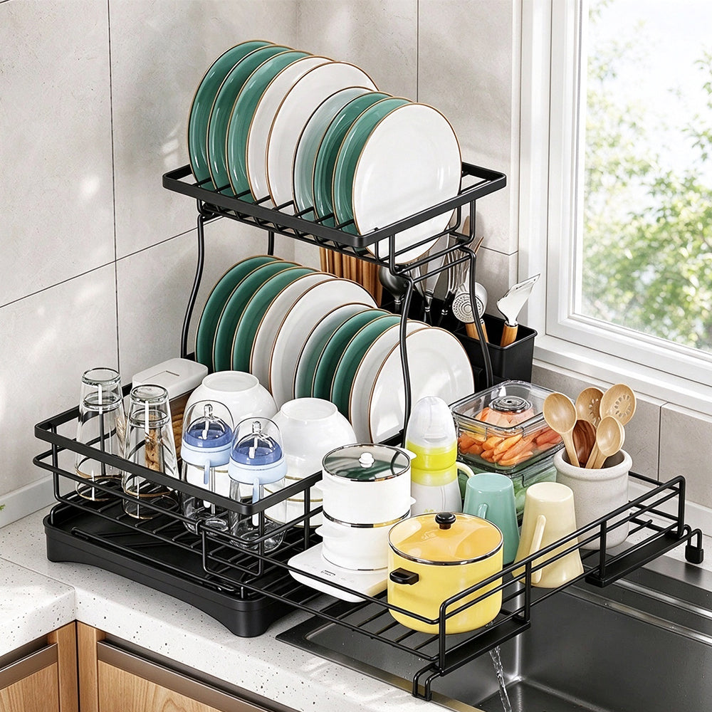 Expandable Carbon Steel Dish Drying Rack with Rotating Drain Spout-Black