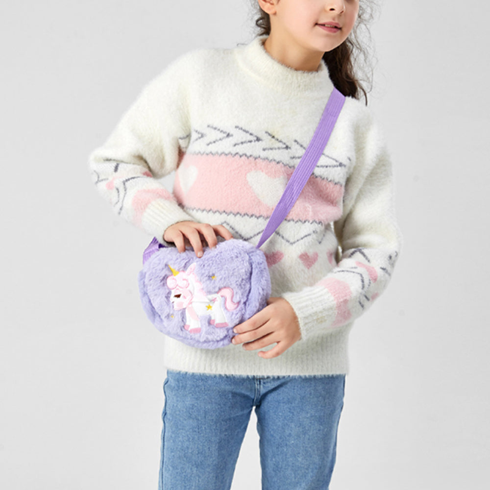 Girls Cute Plush Heart Unicorn Embroidery Zipper Crossbody Bag