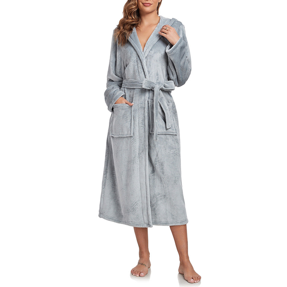 Women Robe Hood Flannel Fleece Full Length Bathrobe Shower Nightgown-Grey