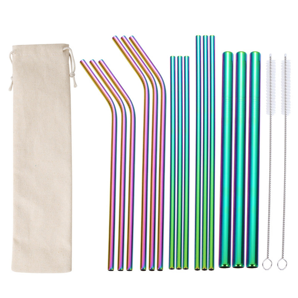 17Pcs Reusable Stainless Steel Straws Set with Cleaning Brushes and Pouch