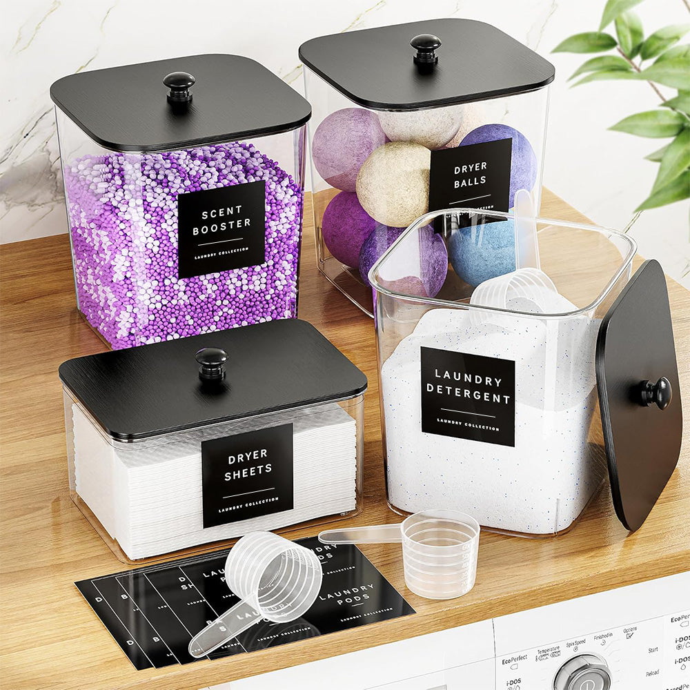 4Pcs Clear Laundry Storage Containers with Airtight Wooden Lids