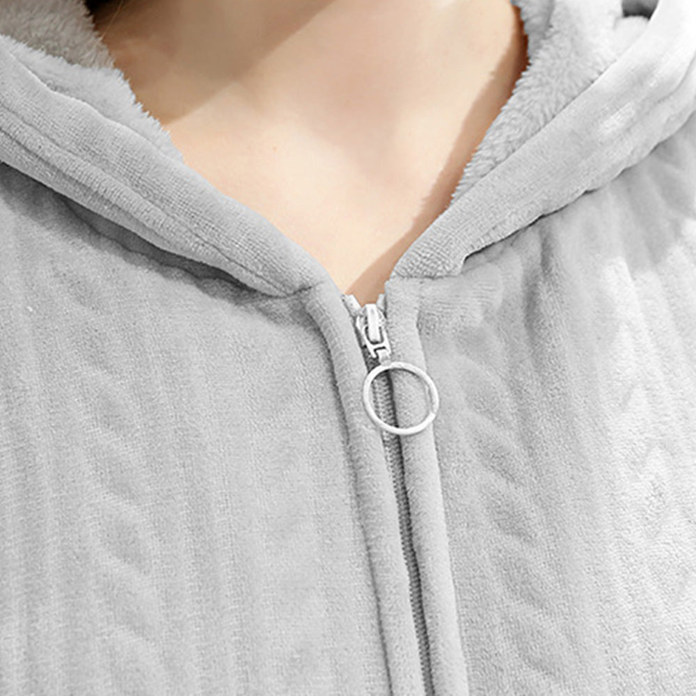 Unisex Long Hooded Zipper Bathrobe Fleece Robes Winter Warm Nightgown Sleepwear Pyjamas-Grey