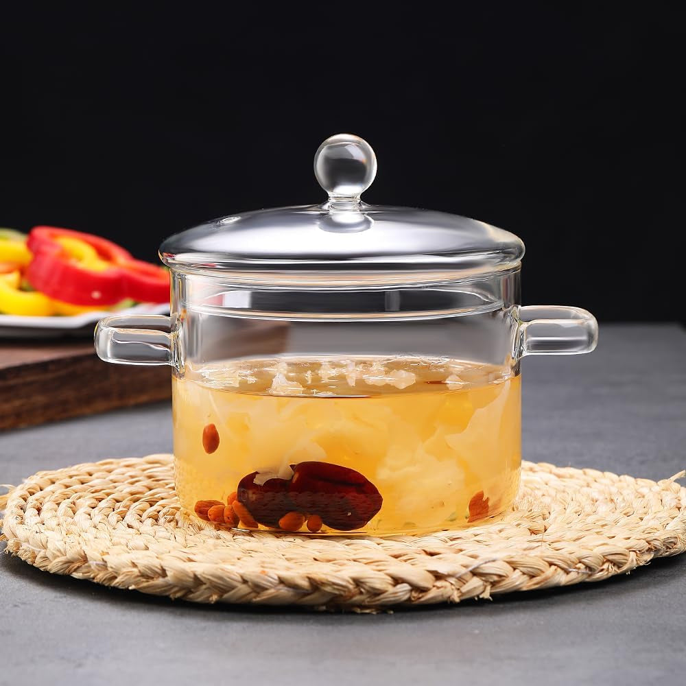 Glass Cooking Pot Double-Handled Heat-Resistant Clear Glass Stovetop Pot with Lid