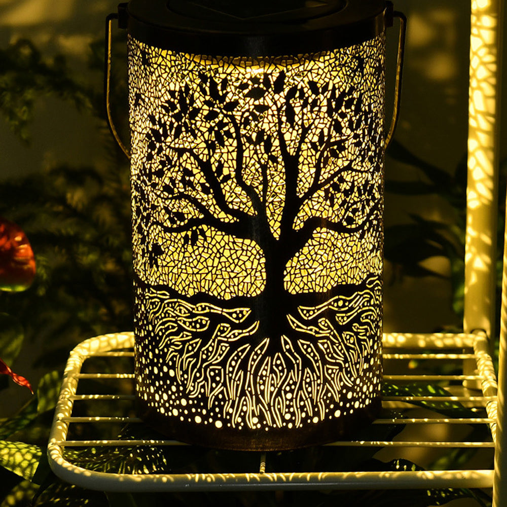 Wrought Iron Hollow LED Solar Hanging Lamp for Garden