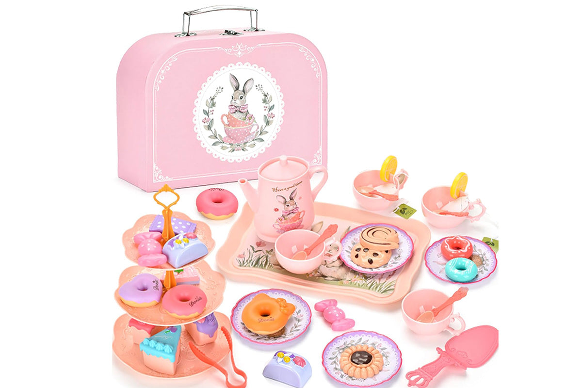 Pretend Play Tea Party Set with Dessert and Carrying Case for Role Play