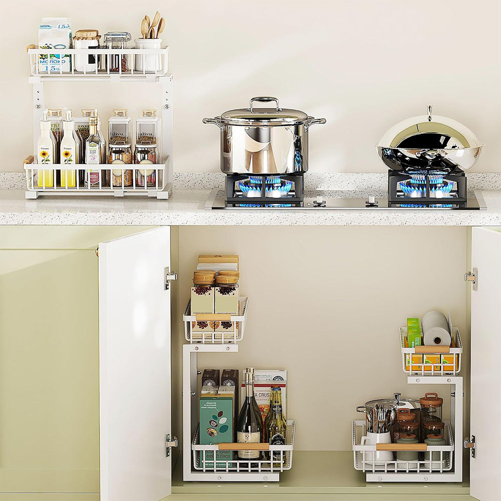Under Sink Organizer 2 Tier Pull Out Cabinet Storage Slide Out Shelf Metal Sliding Drawer