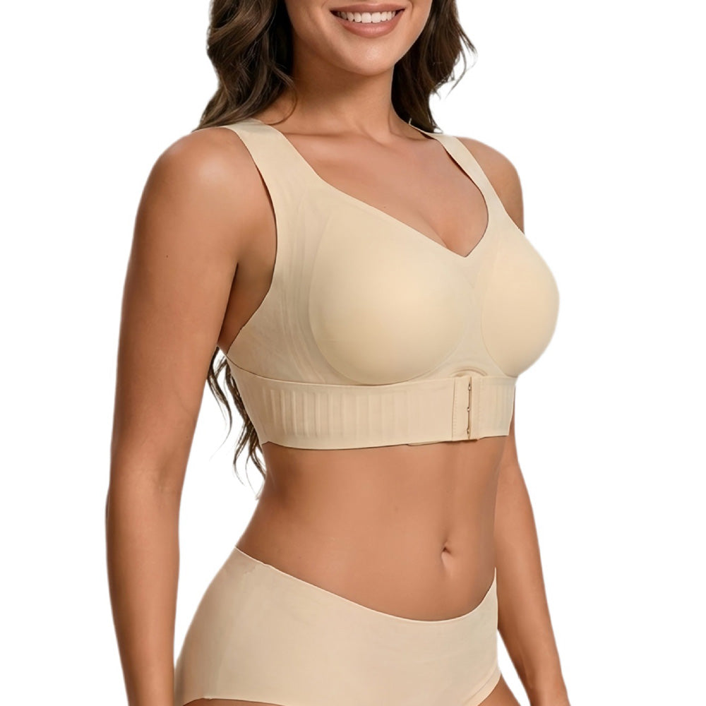 Wireless Front Closure Seamless Full Coverage Cross Back Bra for Women-Beige