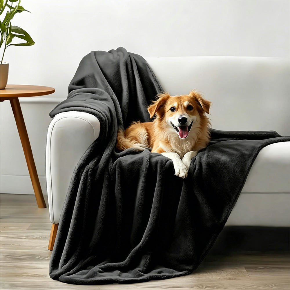 Water-Resistant Reversible Flannel Blanket Machine-Washable for Bed Sofa Camping-Black