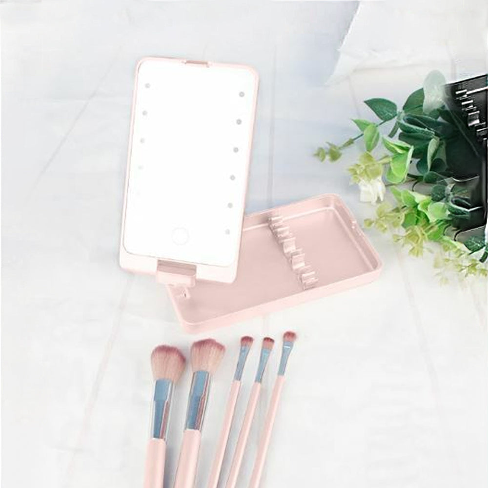 Compact LED Makeup Mirror with Cosmetic Brush and Holder