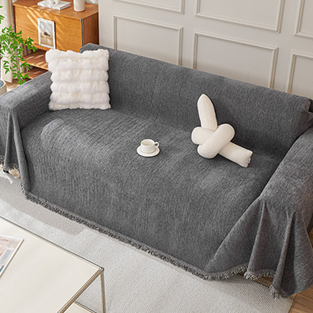 Chenille Sofa Slipcover Washable Couch Cover Sofa Dogs Furniture Protector with Tassels-Grey