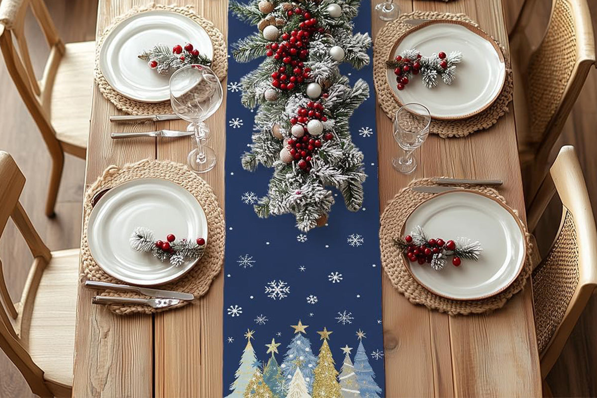 Christmas Table Runner Xmas Trees Tablecloth Cover For Kitchen Dinner Party