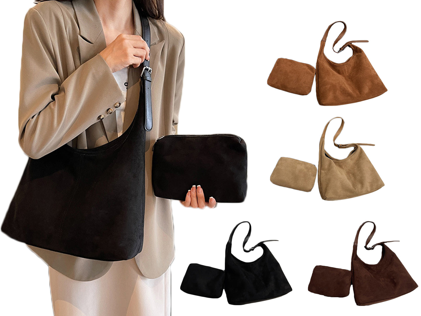 Bucket Bag with Purse Suede Bag Suede Tote Bag Suede Hobo Bags