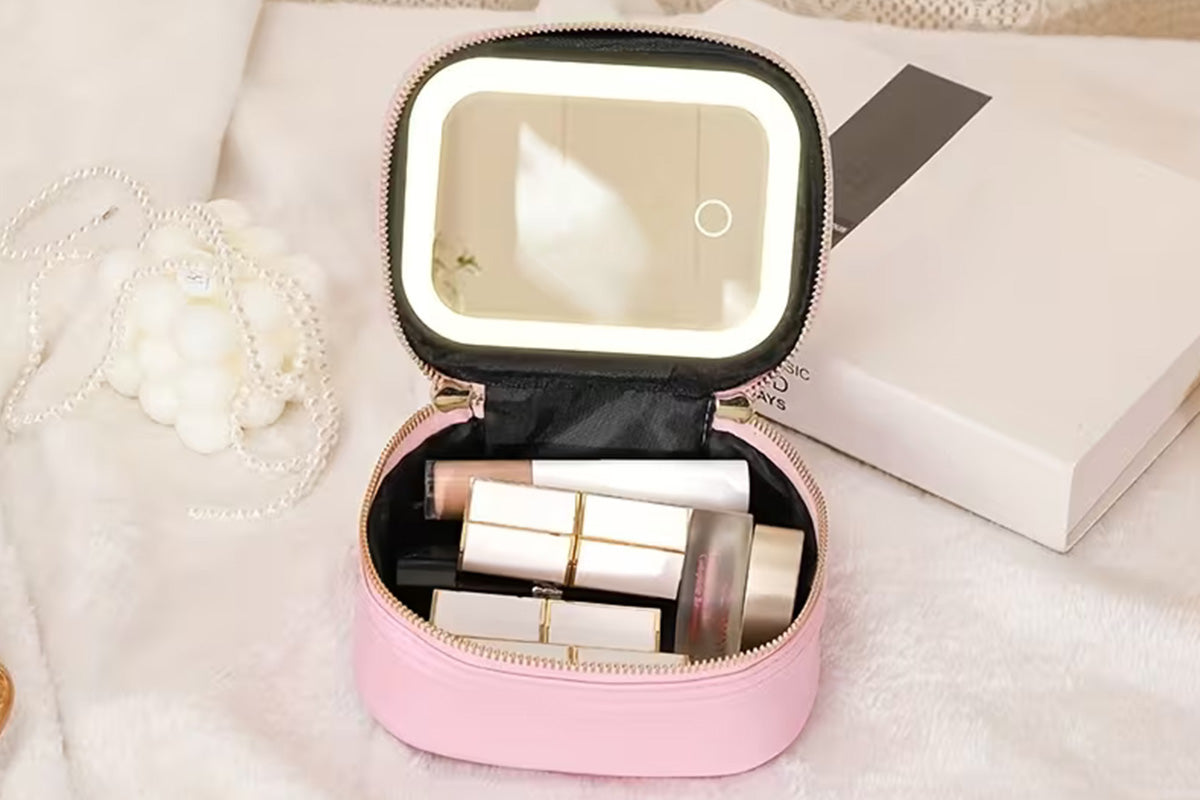 PU Leather Makeup Case Lighted Mirror LED Travel Cosmetic Organizer