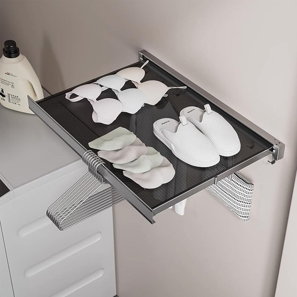 Wall Mounted Retractable Laundry Drying Rack with 6 Hooks