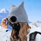 Double Layer Knit Winter Beanie with Goggles Cute Cat Ear Knit Beanie for Winter