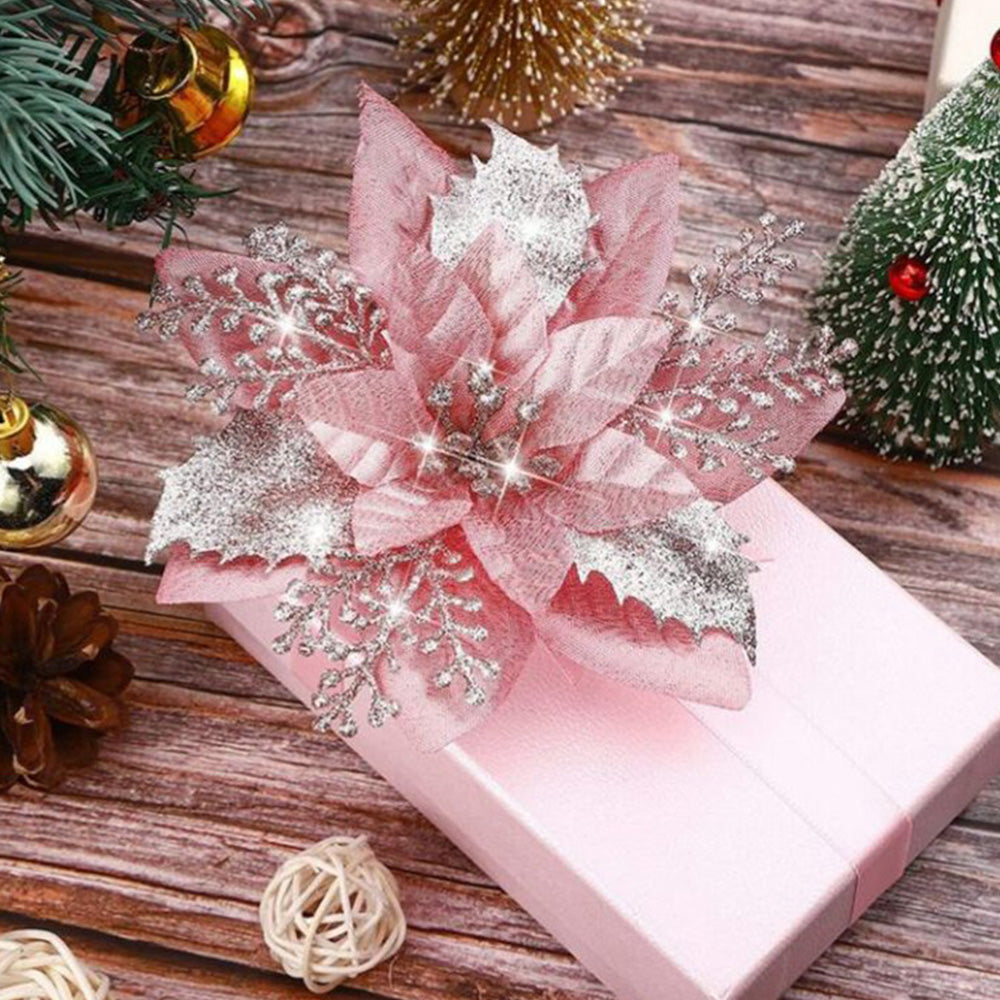 10Pcs Red Gold Poinsettia Artificial Christmas Flowers Xmas Tree Ornaments