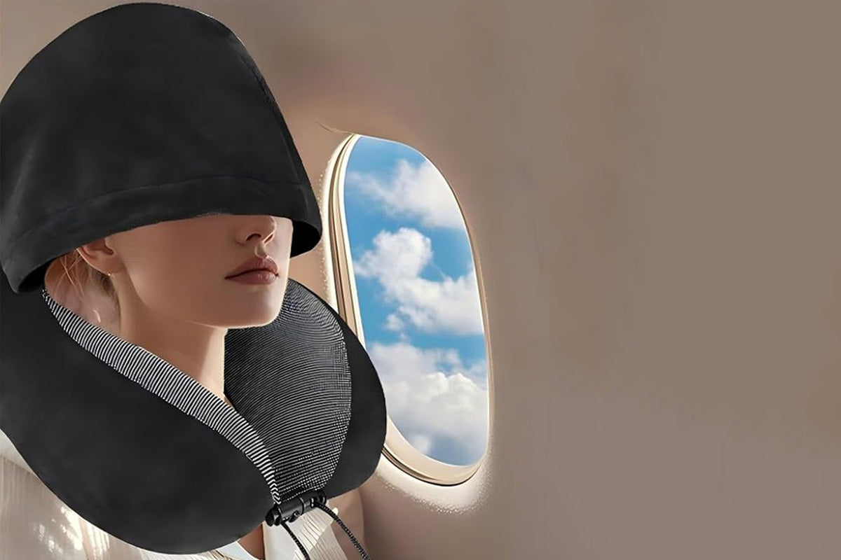Hooded Travel Pillow with 3D Eye Masks Memory Foam Neck Pillow for Airplane Sleeping