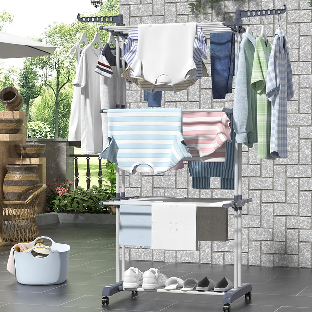 4-Tier Clothes Drying Airer Foldable Stainless Steel Movable Drying Rack