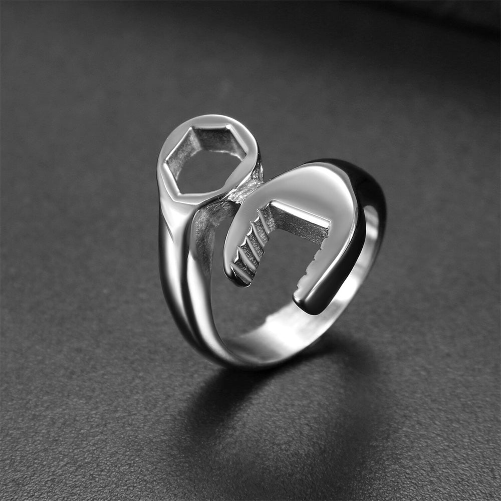Stainless Steel Wrench Shaped Industrial Punk Ring for Men and Women-Silver