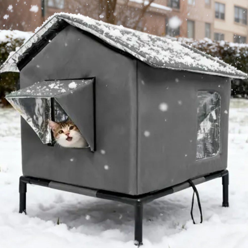 Cat House Indoor Outdoor Insulated Shelter for Small to Medium Cats-Grey