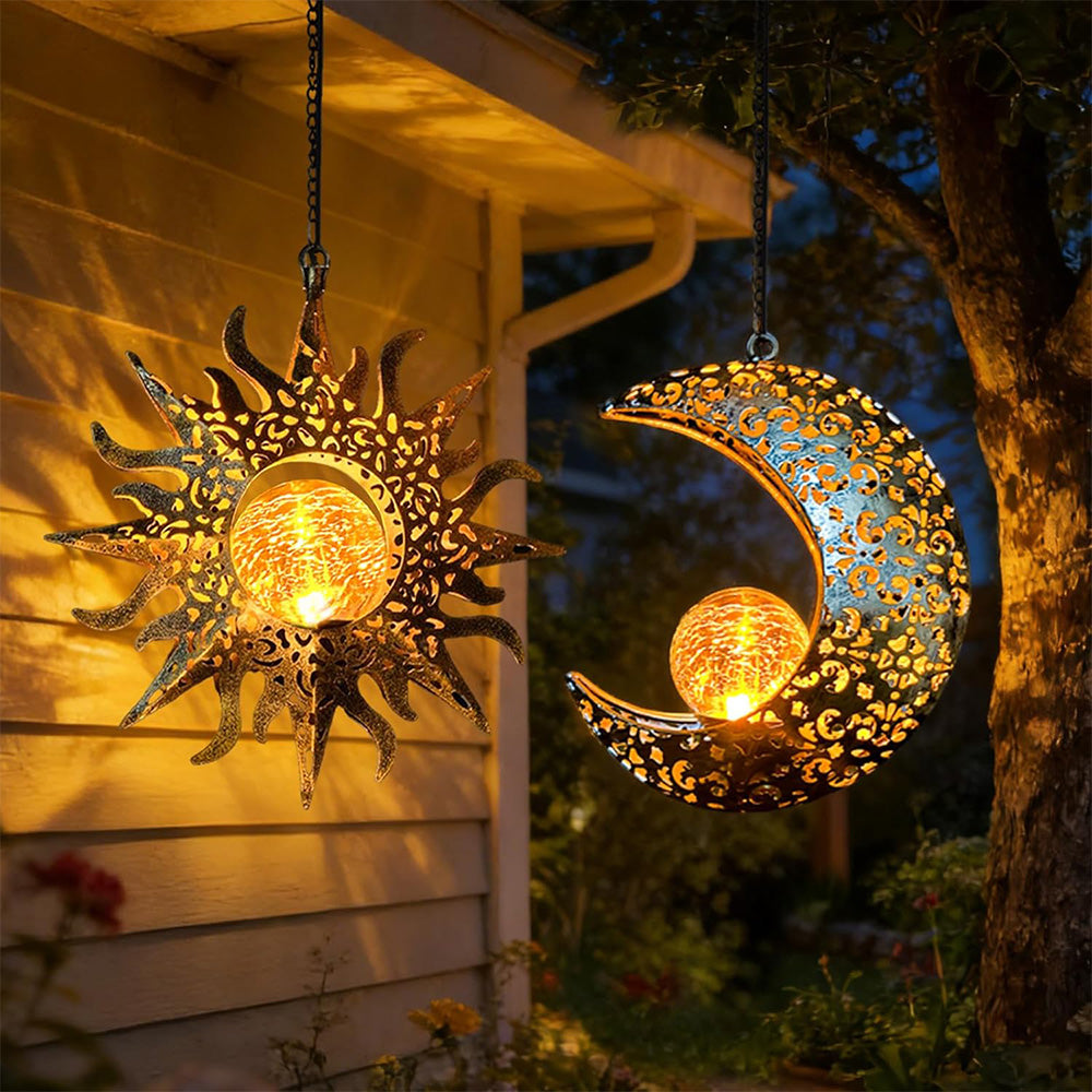 Hanging Solar Lights Outdoor Sun Moon Cracked Glass Lantern for Garden Patio Decor