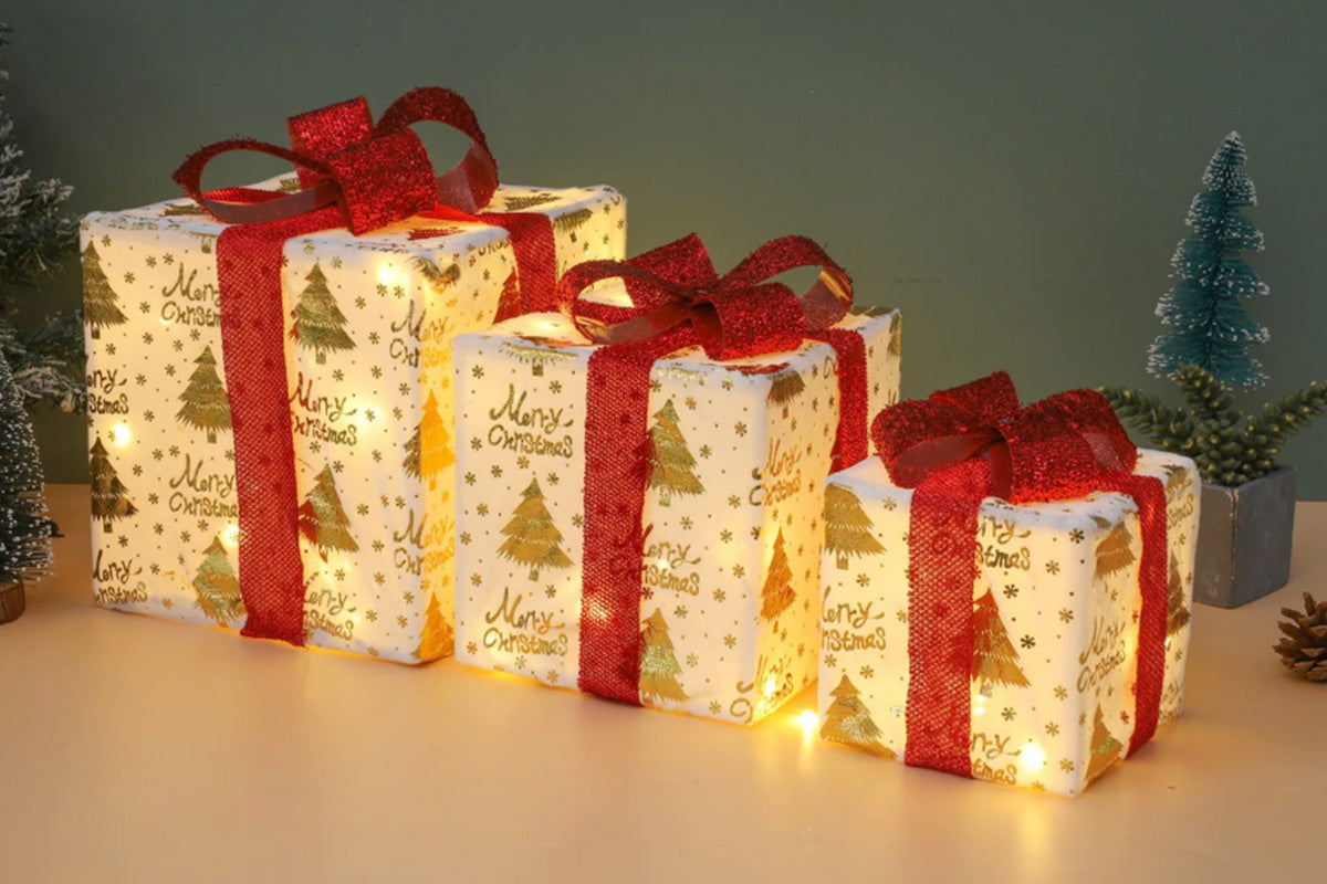 3PCS Christmas Lighted Gift Boxes With 8 Modes For Holiday Indoor Outdoor Decorations