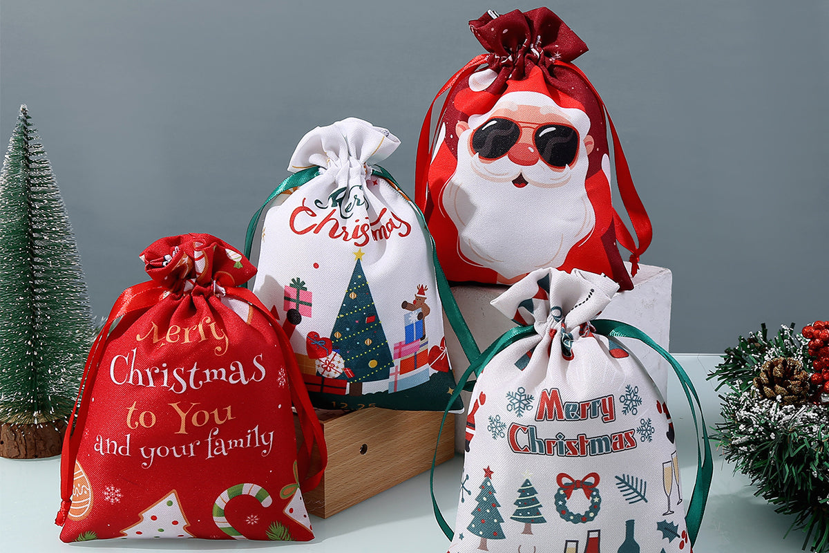 10Pcs 40x30cm Christmas Drawstring Bags Christmas Sack Holiday Wrapping Sacks
