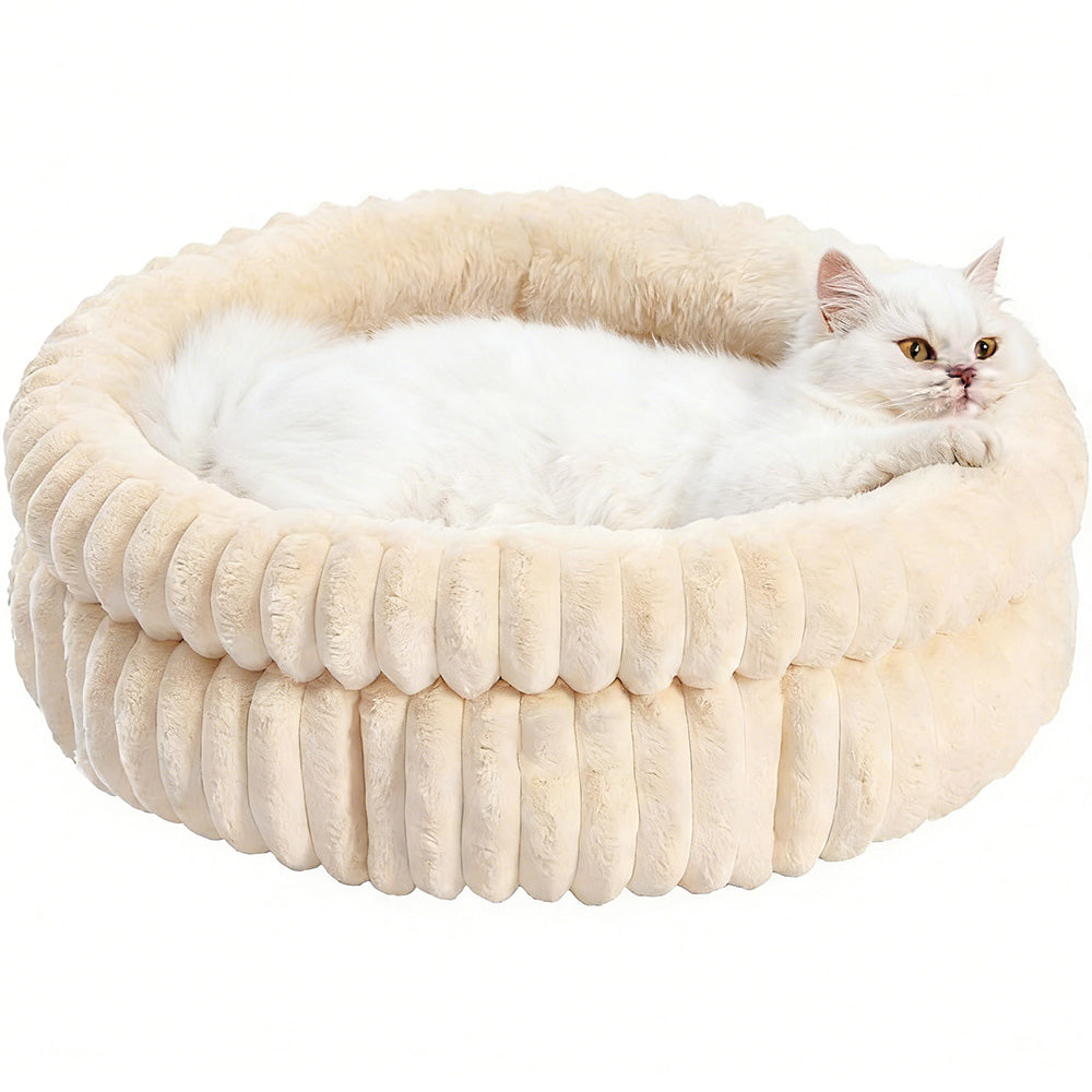 Donut Plush Pet Dog Cat Bed Fluffy Soft Warm Nest for Indoor Cats Small Dogs-Beige