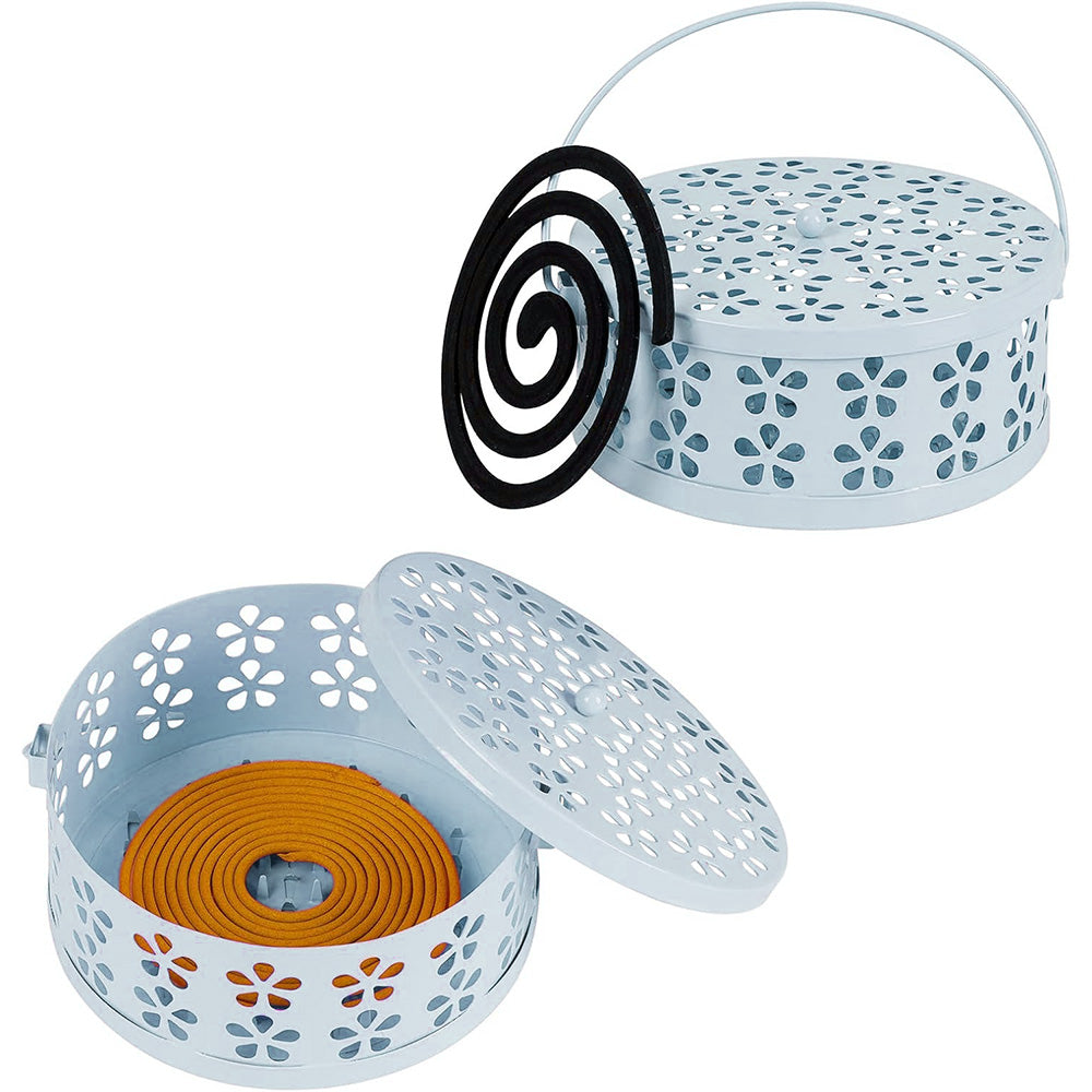 2X 14cm Metal Mosquito Coil and Incense Holder with Lid Floral Cutout Design