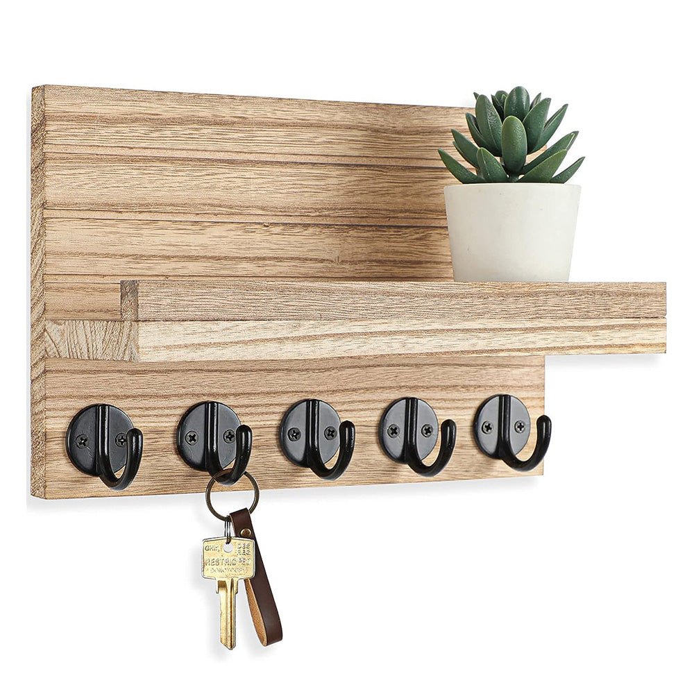 Rustic Wall-Mounted Entryway Organizer - Wooden Mail & Key Holder with Hooks