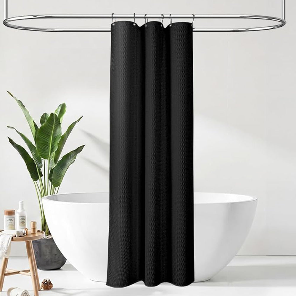 Waffle Weave Water Resistant Shower Curtain with 12 Rustproof Rings-Black