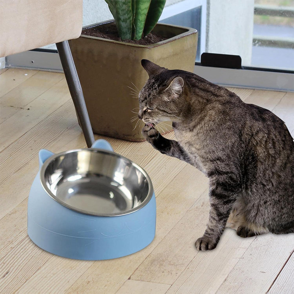 400ml Stainless Steel Tilted Pet Bowl Non-Slip Raised Feeder for Cats and Dogs
