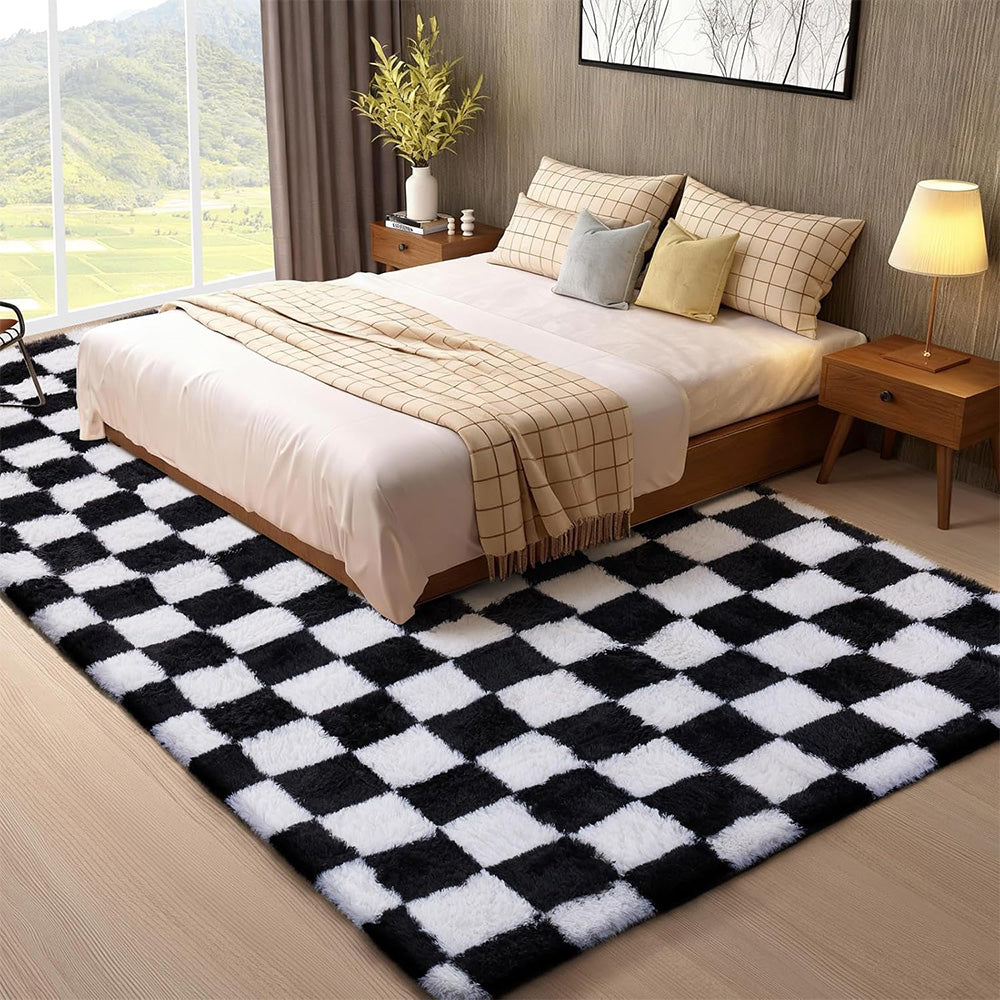 Soft Plush Shaggy Rug Checkered Thickened Non Slip Carpet for Living Room Bedroom