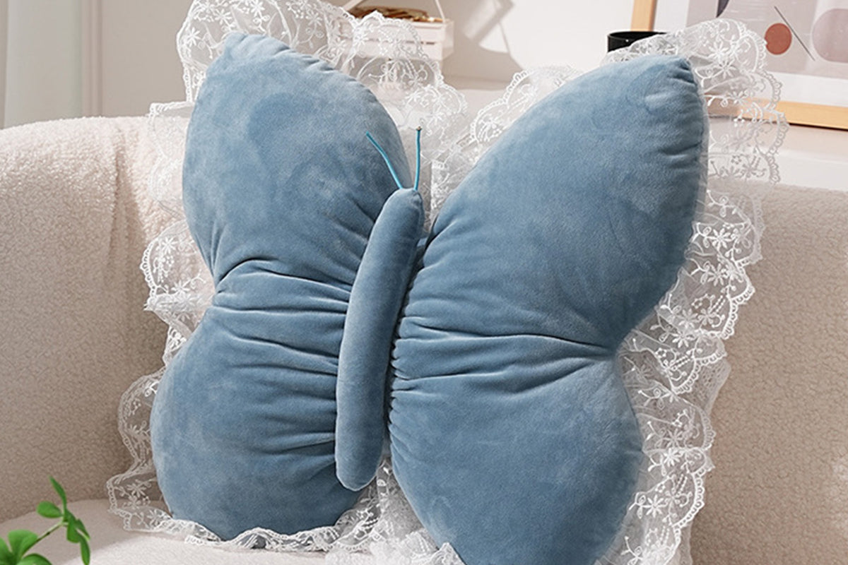 Butterfly Shape Throw Pillow with Lace Ruffle Trim Decorative Cushion Home Decor Cushion Butterfly Velvet Throw Pillow