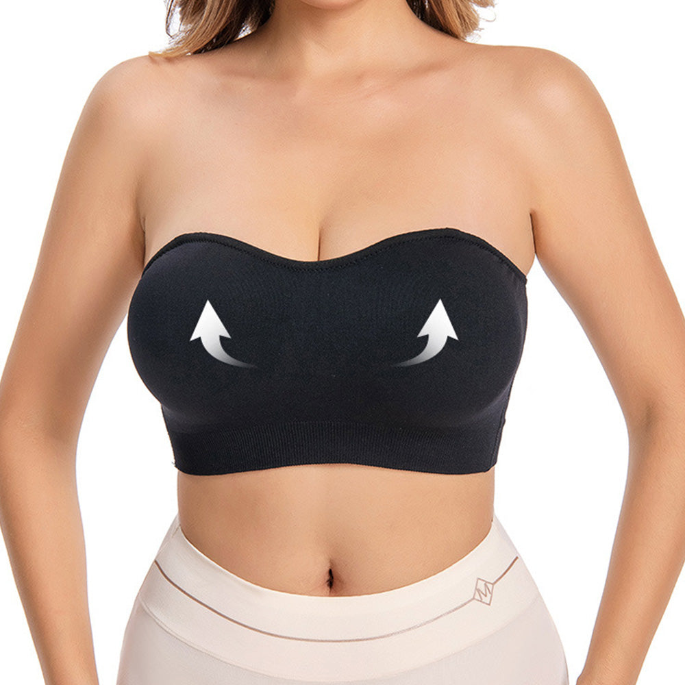 Women Strapless Wirefree Bandeau Bra with Removable Shoulder Straps-Black