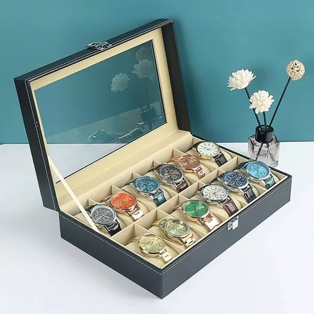 6/10/12 Grids PU Leather Watch Box Organizer Display Case with Lock