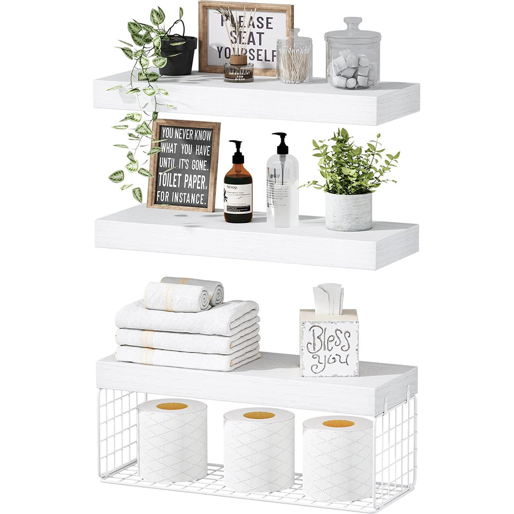 3 Tier Bathroom Shelf Wall Mounted Floating Shelf with Storage Basket